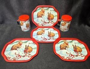 Christmas Bunnies Metal Trays & Salt n' Pepper Shaker Holiday Decor Serveware